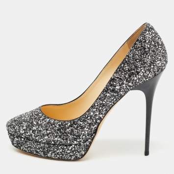 Pre Owned Jimmy Choo Silver/Black Coarse Glitter Eros Platform Pumps Size 39.5