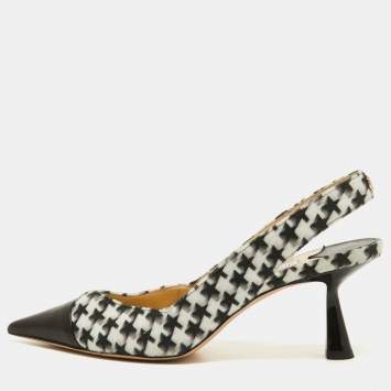 Pre Owned Jimmy Choo White/Black Houndstooth Felt and Leather Liya Slingback Pumps Size 40