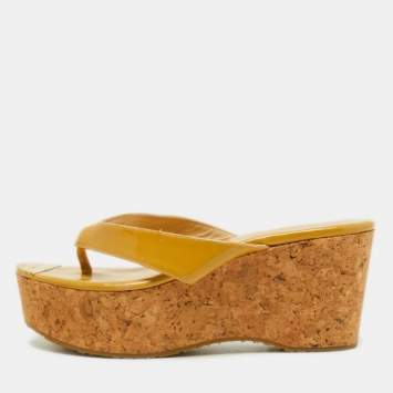 Pre Owned Jimmy Choo Yellow Patent Leather Cork Wedge Thong Sandals Size 35.5