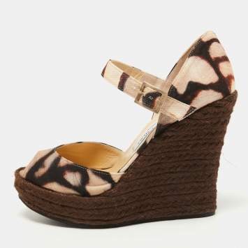 Pre Owned Jimmy Choo Brown Canvas Platform Espadrille Ankle Strap Sandals Size 39