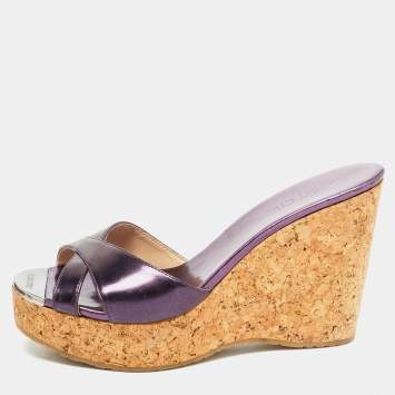 Pre Owned Jimmy Choo Metallic Purple Leather Prima Cork Wedge Sandals Size 37