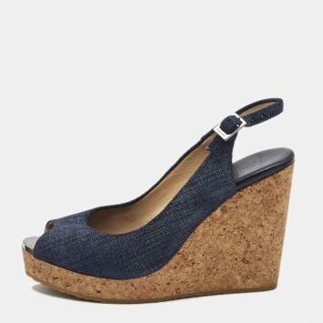 Pre Owned Jimmy Choo Navy Blue Denim Praise Cork Wedge Pumps Size 39.5