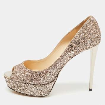 Pre Owned Jimmy Choo Metallic Glitter Peep Toe Platform Pumps Size 40