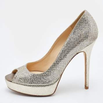 مملوكة مسبقًا Jimmy Choo Gold Glitter and Leather Luna Peep Toe Platform Pumps Size 38.5