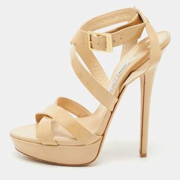 Pre Owned Jimmy Choo Beige Patent Leather Platform Vamp  Sandals Size 41