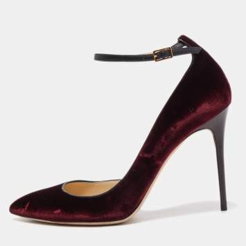 Pre Owned Jimmy Choo Burgundy Leather and Velvet Ankle D'orsay Pumps Size 38