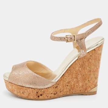 Pre Owned Jimmy Choo Metallic Beige Textured Leather Cork Wedge Ankle Strap Sandals Size 37