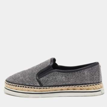 Pre Owned Jimmy Choo Silver/Black Lurex Fabric Dawn Espadrille Flats Size 38
