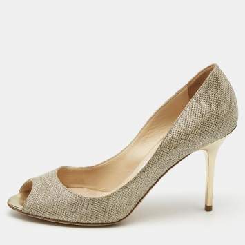 Pre Owned Jimmy Choo Gold Lurex Fabric Evelyn Peep Toe Pumps Size 37