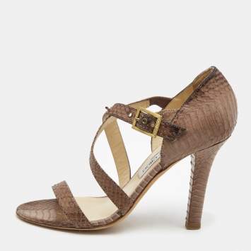 Pre Owned Choo Brown Watersnake Cross Strap Block Heel Sandals Size 39