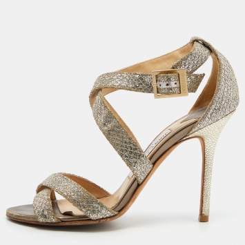 Pre Owned Jimmy Choo Gold Glitter Louise Strappy Sandals Size 38