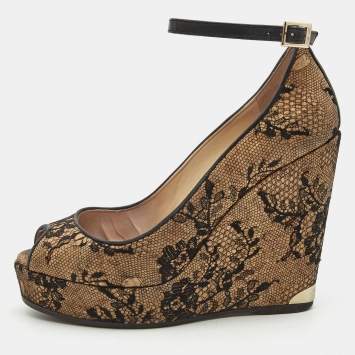 Pre Owned Jimmy Choo Brown/Black Cork and Lace Wedge Ankle Strap Pumps Size 38