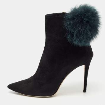 Pre Owned Jimmy Choo Black Suede And Fox Fur Tesler Ankle Boots Size 39