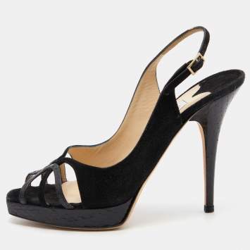 Pre Owned Jimmy Choo Black Suede and Watersnake Leather Ankle Strap Sandals Size 37.5