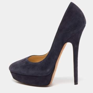 Pre Owned Jimmy Choo Navy Blue Suede Cosmic Platform Pumps Size 38.5