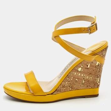Pre Owned Jimmy Choo Yellow Patent Leather Cork Wedge  Sandals Size 36