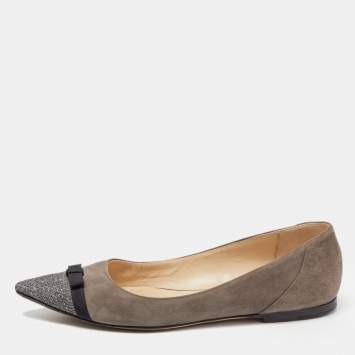 Pre Owned Jimmy Choo Dark Grey Suede and Glitter Bow Ballet Flats Size 35.5
