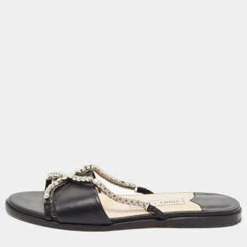 Pre Owned Jimmy Choo Black Leather Aadi Flat Slides Size 37