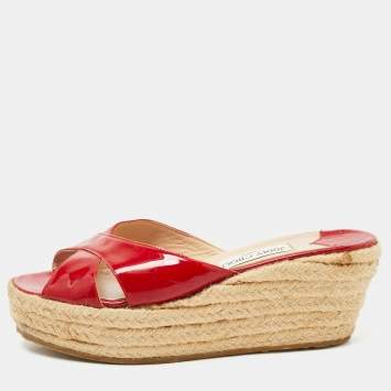 Pre Owned Jimmy Choo Red Patent Leather Prima Wedge Sandals Size 41