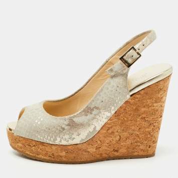 Pre Owned Jimmy Choo Gold/Grey Suede Prova Cork Sandals Size 35