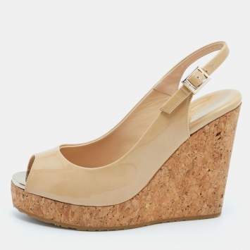 Pre Owned Jimmy Choo Beige Patent Leather Prova Slingback Cork Wedge Sandals Size 35