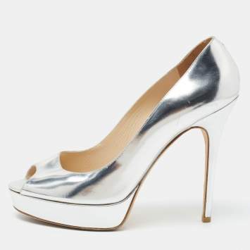 Pre Owned Jimmy Choo Silver Leather Crown Pumps Size 39.5