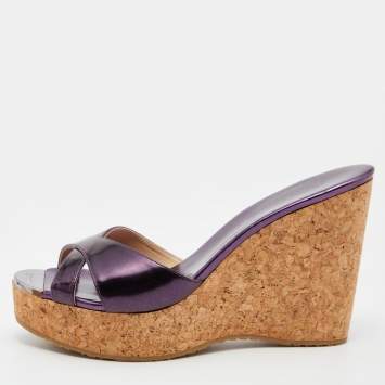Pre Owned Jimmy Choo Purple Patent Leather Prima Cork Wedge Slides Size 38.5
