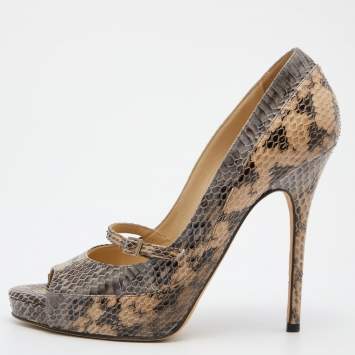 Pre Owned Jimmy Choo Beige Watersnake Leather Peep Toe Pumps Size 38