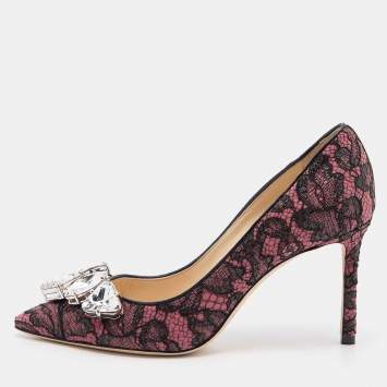 Pre Owned Jimmy Choo Pink/Black Lace and Suede Marvel Embellished Pointed Toe Pumps Size 37