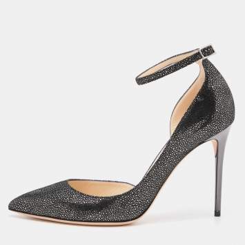 Pre Owned Jimmy Choo Black/Silver Suede Lucy Ankle Strap Pointed Toe Pumps Size 37