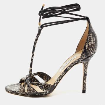 Pre Owned Jimmy Choo Black/Brown Water Snake Ankle Strap Sandals Size 40.5
