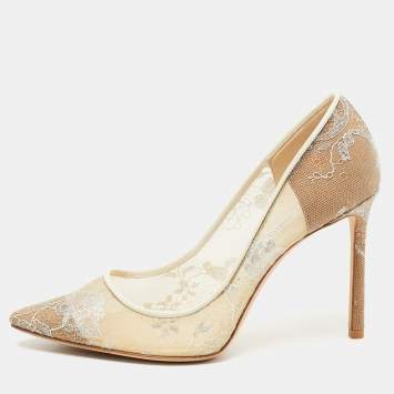 Pre Owned Jimmy Choo Beige Mesh and Lace Romy Pumps Size 38
