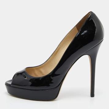 Pre Owned Jimmy Choo Black Patent Leather Crown Platform Peep Toe Pumps Size 39