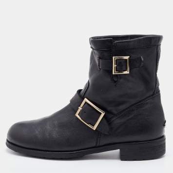 Pre Owned Jimmy Choo Black Leather Buckle Detail Ankle Boots Size 40