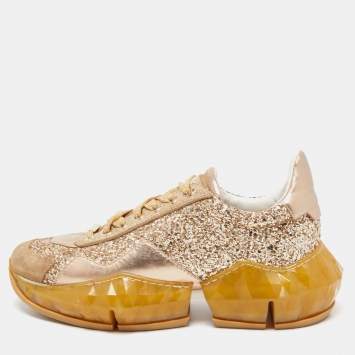 Pre Owned Jimmy Choo Metallic Leather and  Coarse Glitter Diamond Sneakers Size 39