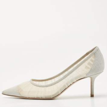Pre Owned Jimmy Choo Silver Mesh Glitter and Mesh Love Pumps Size 36