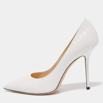 Pre Owned Jimmy Choo White Croc Embossed Leather Love Pumps Size 39.5