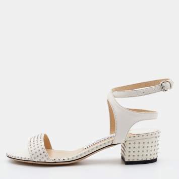 Pre Owned Jimmy Choo White Studded Leather Marine Block Heel Ankle Strap Sandals Size 36.5