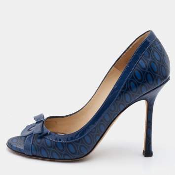Pre Owned Jimmy Choo Blue/Black Printed Leather and Patent Peep Toe Pumps Size 37