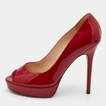 Pre Owned Jimmy Choo Red Patent Leather Luna Pumps Size 38.5