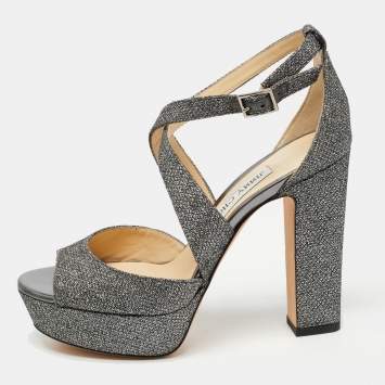 Pre Owned Jimmy Choo Silver Glitter Fabric April Cross Strap Platform Block Heel Sandals Size 37.5