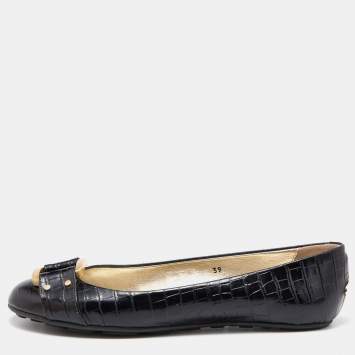 Pre Owned Jimmy Choo Black Croc Embossed Leather Morse Ballet Flats Size 39