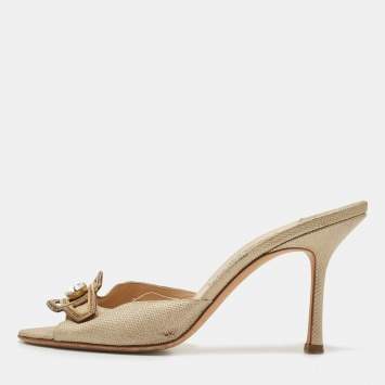 Pre Owned Jimmy Choo Metallic Gold Leather Crystal Embellished Slides Size 39.5