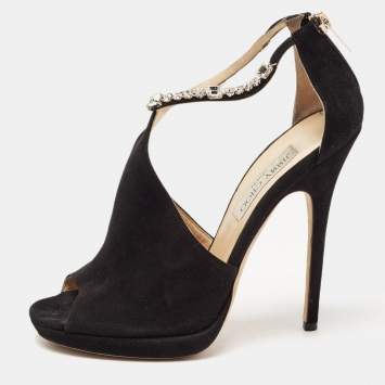 Pre Owned Jimmy Choo Black Suede Crystal Embellished Ankle Strap  Sandals Size 40