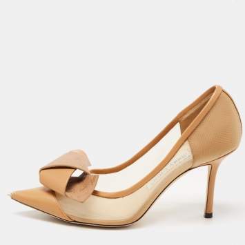 Pre Owned Jimmy Choo Beige Mesh and Leather JC Logo Bow Lani Pumps Size 36