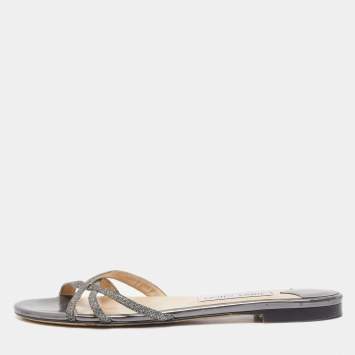 مملوكة مسبقًا Jimmy Choo Metallic Grey Lurex Fabric Strappy Flat Slides Size 39