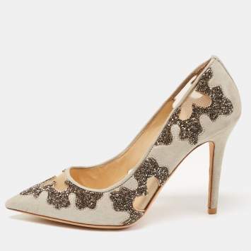 Pre Owned Jimmy Choo Grey Suede  and Mesh  Crystal Embellished Karmel Pumps Size 34.5 