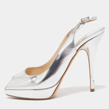 Pre Owned Jimmy Choo Silver Leather Nova Slingback Pumps Size 38.5