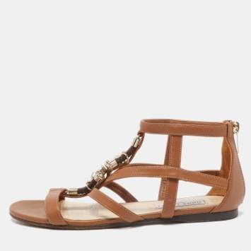 Pre Owned Jimmy Choo Brown Leather Crystal Embellished Caged Flat Sandals Size 37