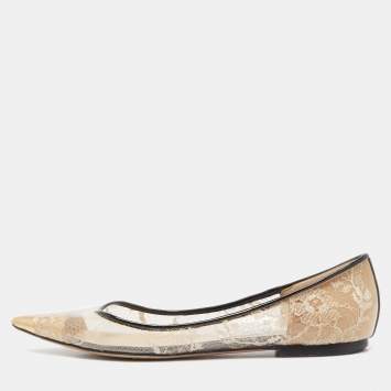 Pre Owned Jimmy Choo Gold/Black Leather, Lace and PVC Romy Ballet Flats Size 38.5